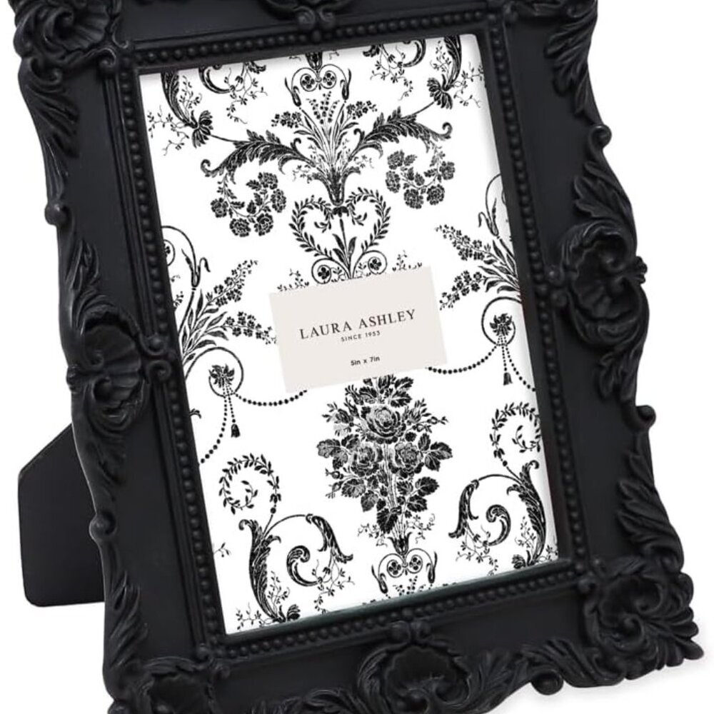 5x7 Black Ornate Textured Hand-Crafted Resin Picture Frame with Easel & Hook for